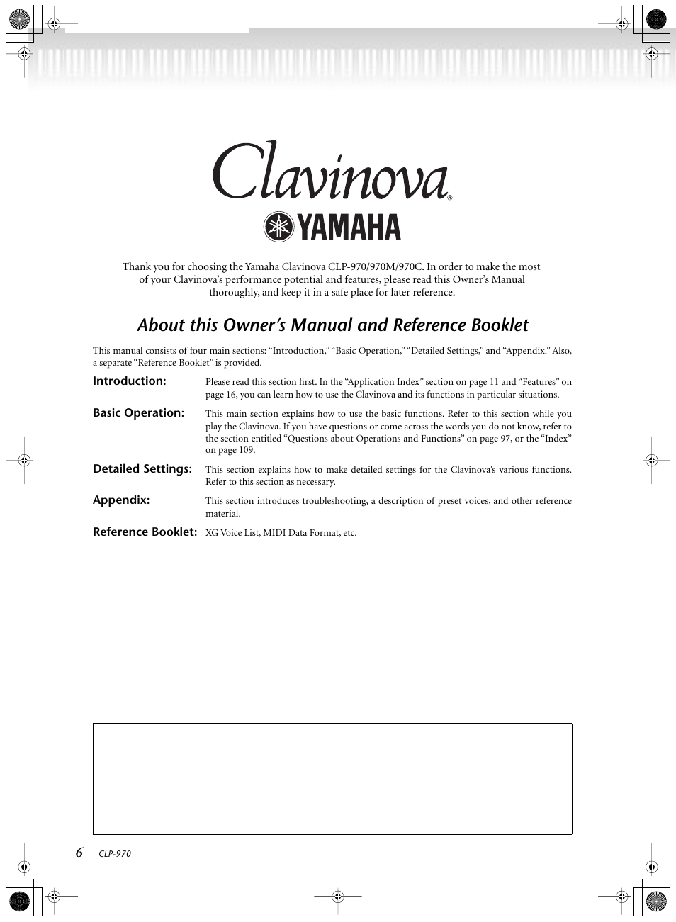 About this owner’s manual and reference booklet | Yamaha CLP-970C EN User Manual | Page 6 / 114