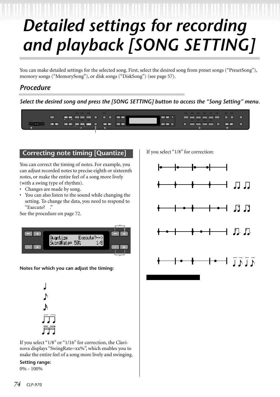 Correcting note timing [quantize, Procedure, See the procedur e on page 72 | Setting range, Song setting, Clp-970 | Yamaha CLP-970C EN User Manual | Page 74 / 114