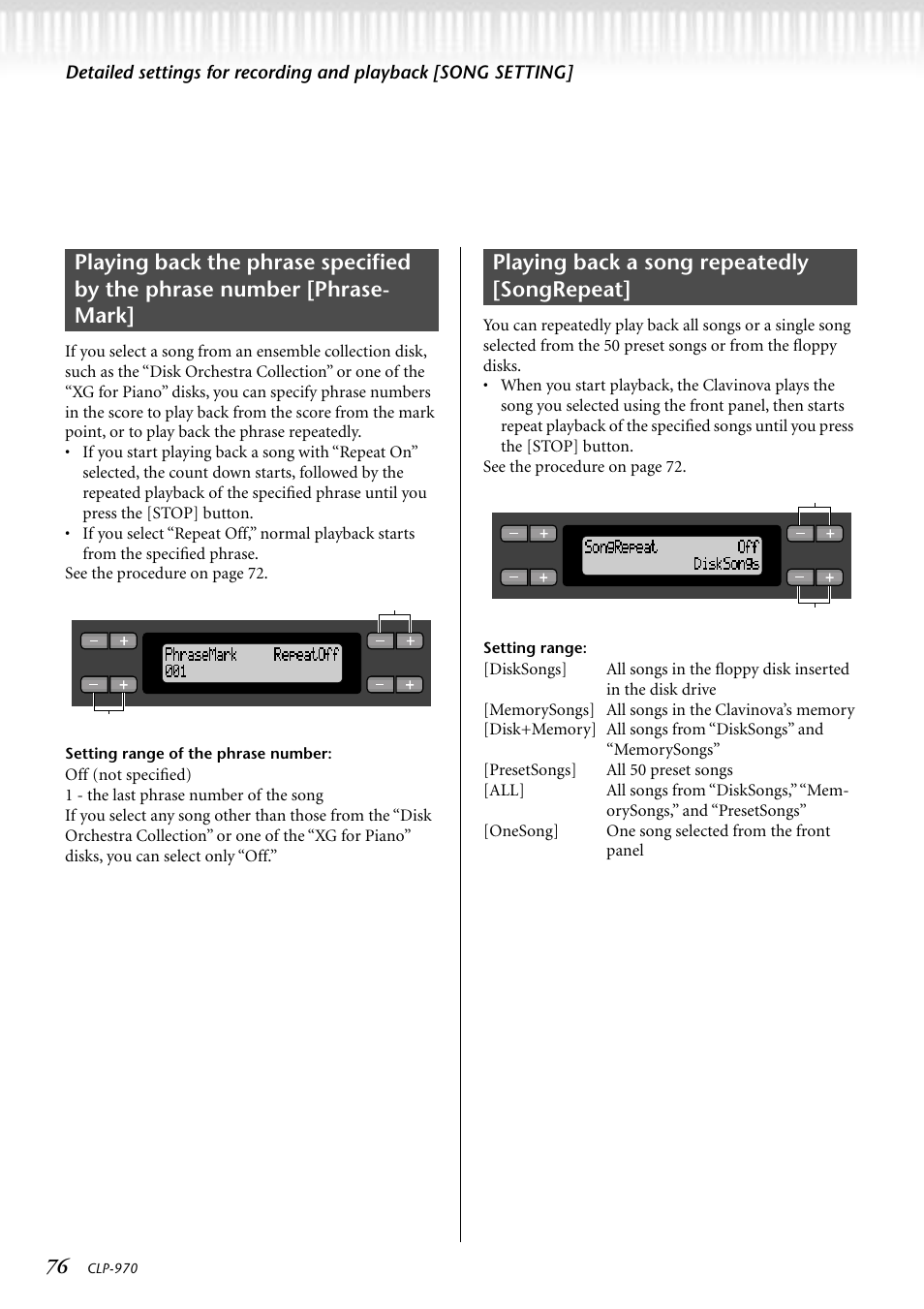 Playing back a song repeatedly [songrepeat | Yamaha CLP-970C EN User Manual | Page 76 / 114