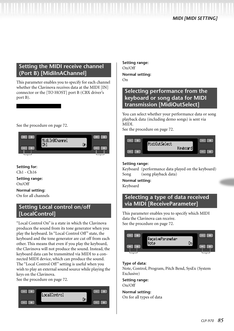 Setting local control on/off [localcontrol, Midi [midi setting, See the procedur e on page 72 | Ch1 - ch16, On/off, On for all types of data | Yamaha CLP-970C EN User Manual | Page 85 / 114