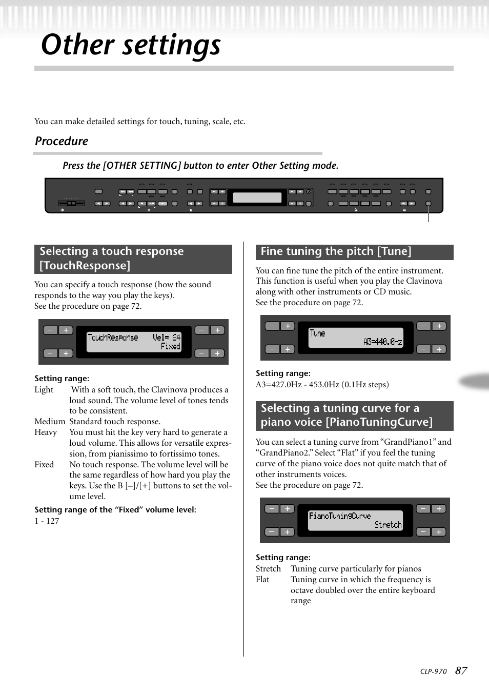 Other settings, Selecting a touch response [touchresponse, Fine tuning the pitch [tune | Procedure, Setting range, Setting range of the “fixed” volume level, Other setting, Clp-970 | Yamaha CLP-970C EN User Manual | Page 87 / 114