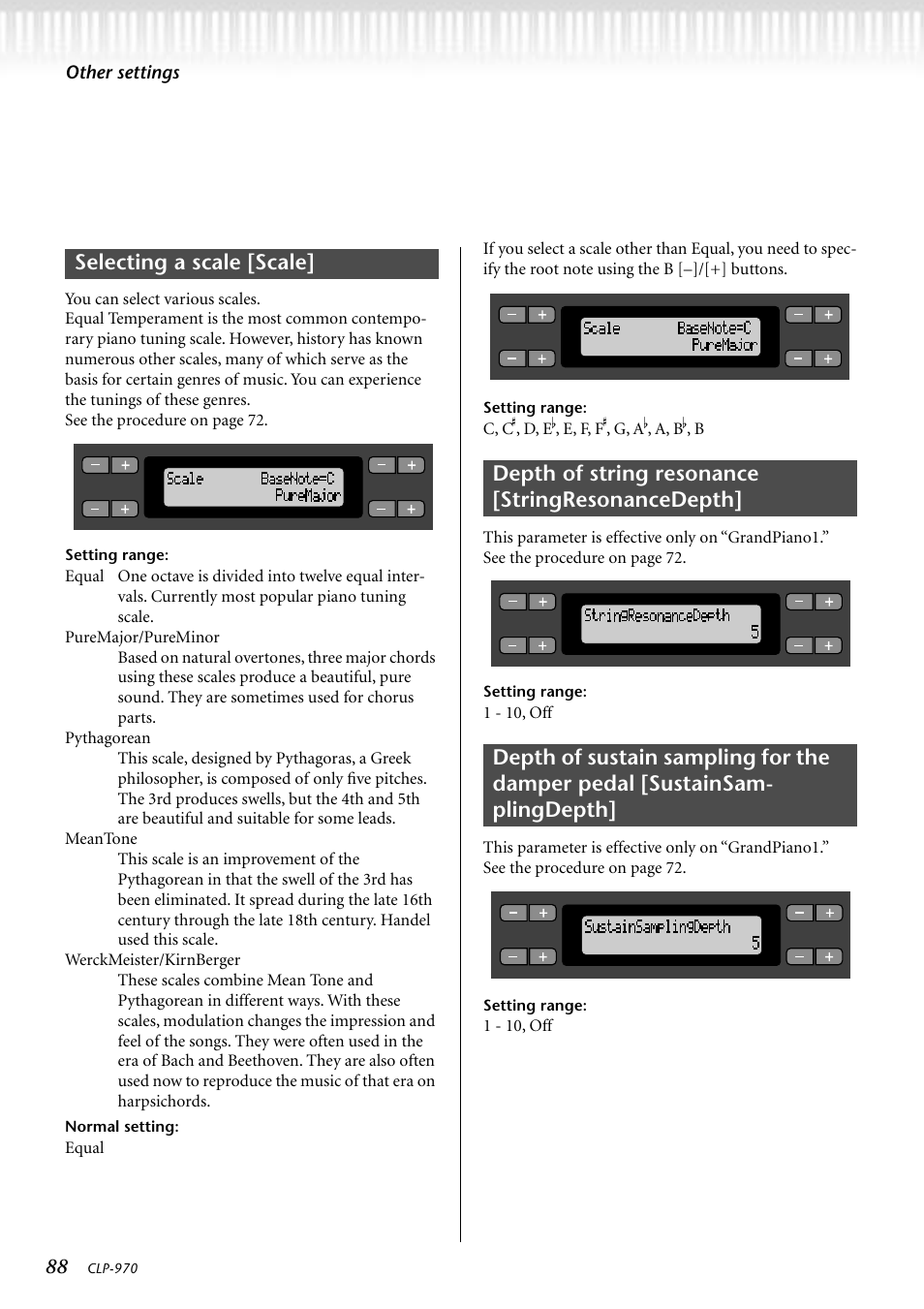 Selecting a scale [scale, Depth of string resonance [stringresonancedepth, Other settings | 1 - 10, off | Yamaha CLP-970C EN User Manual | Page 88 / 114
