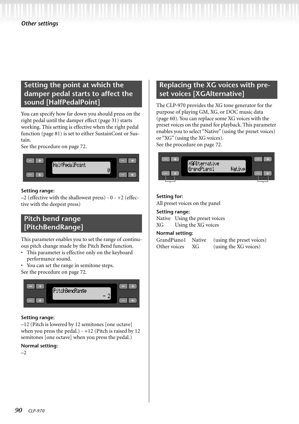 Pitch bend range [pitchbendrange, Other settings | Yamaha CLP-970C EN User Manual | Page 90 / 114