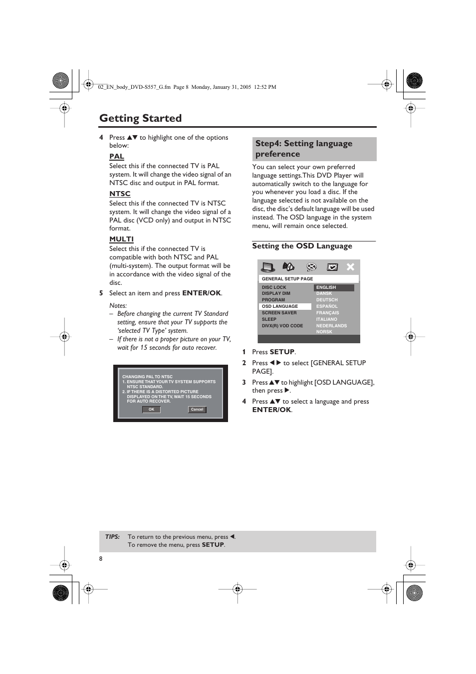 Getting started, Step4: setting language preference | Yamaha DVD-S557 User Manual | Page 10 / 33