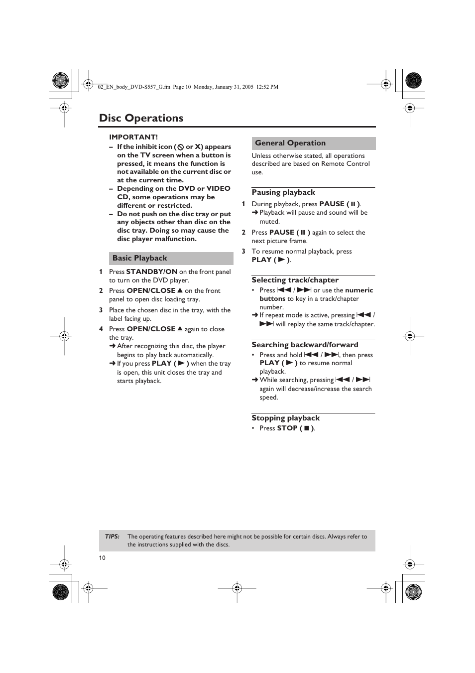 Disc operations | Yamaha DVD-S557 User Manual | Page 12 / 33