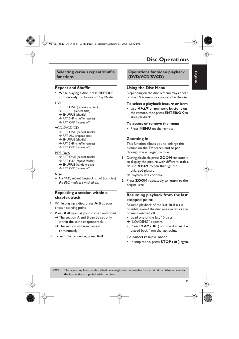 Disc operations | Yamaha DVD-S557 User Manual | Page 13 / 33