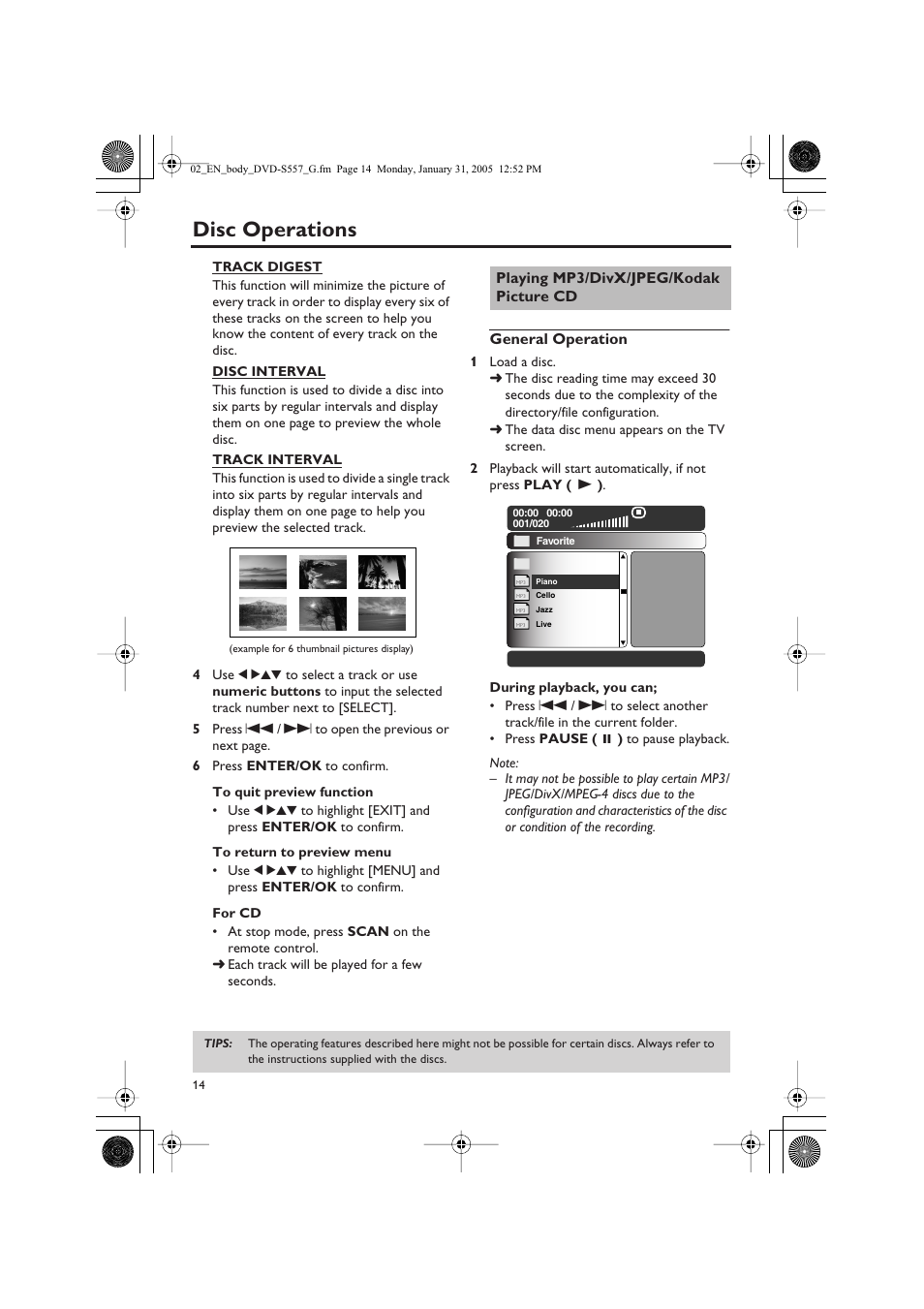 Disc operations, General operation, Playing mp3/divx/jpeg/kodak picture cd | Yamaha DVD-S557 User Manual | Page 16 / 33