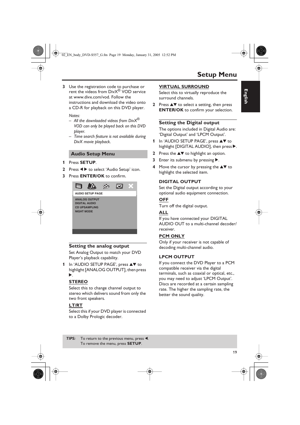 Setup menu | Yamaha DVD-S557 User Manual | Page 21 / 33