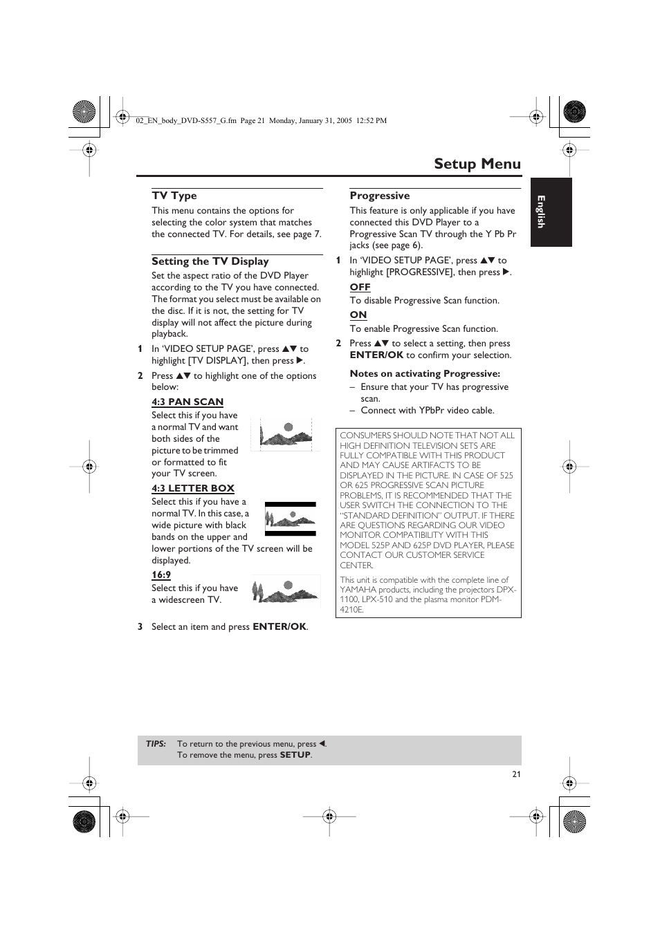 Setup menu | Yamaha DVD-S557 User Manual | Page 23 / 33