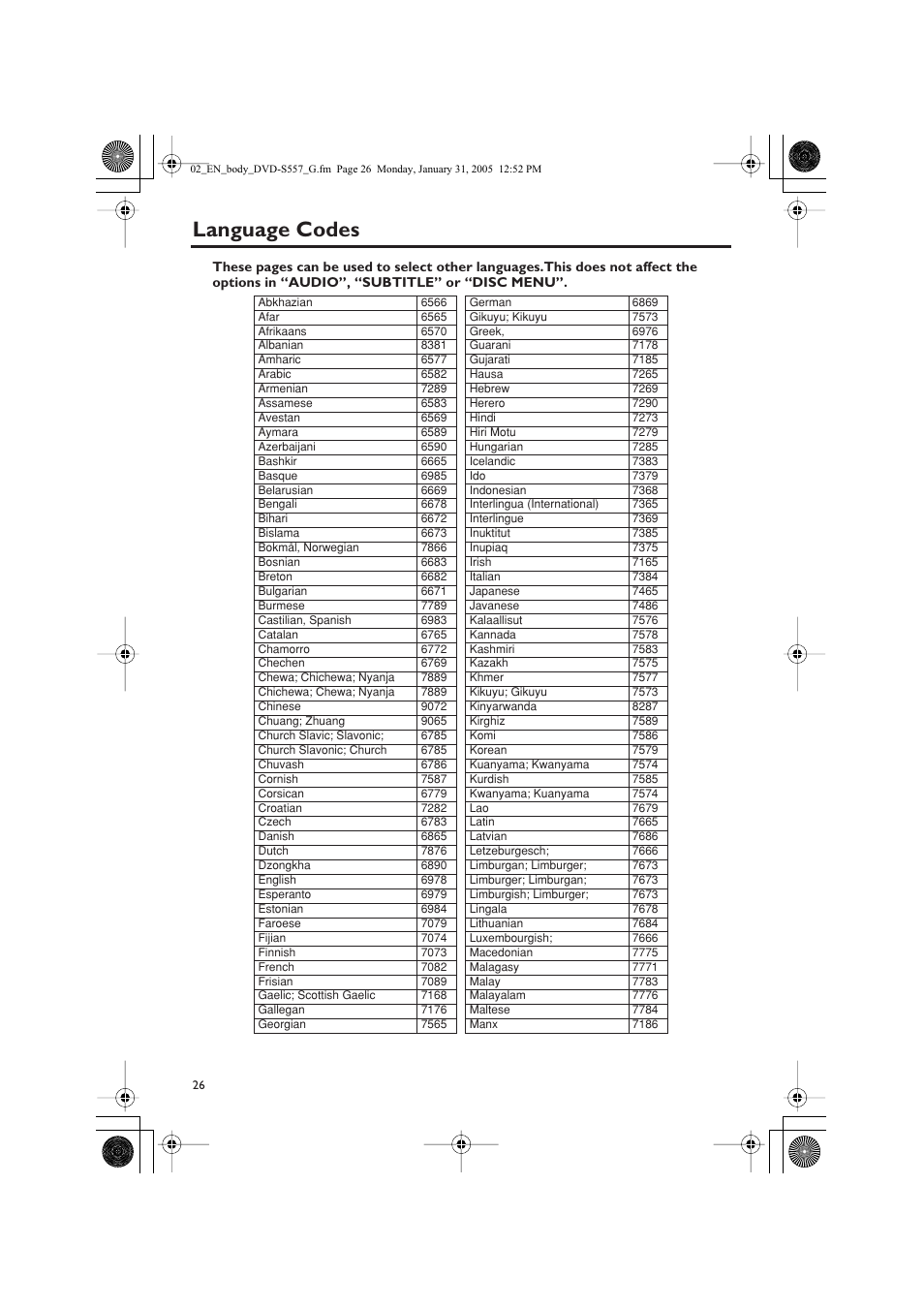 Language codes | Yamaha DVD-S557 User Manual | Page 28 / 33