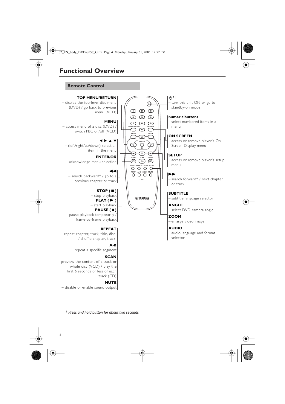 Functional overview, Remote control, Press and hold button for about two seconds | Yamaha DVD-S557 User Manual | Page 6 / 33