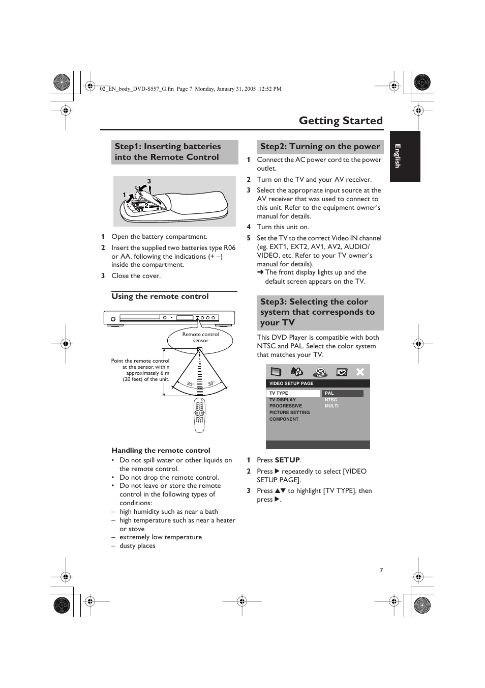 Getting started, Step1: inserting batteries into the remote control | Yamaha DVD-S557 User Manual | Page 9 / 33