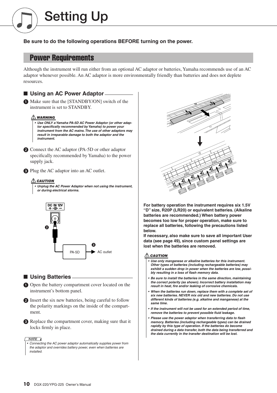 Setting up, Power requirements, Using an ac power adaptor | Using batteries | Yamaha PORTABLEGRAND YPG-225 User Manual | Page 10 / 118