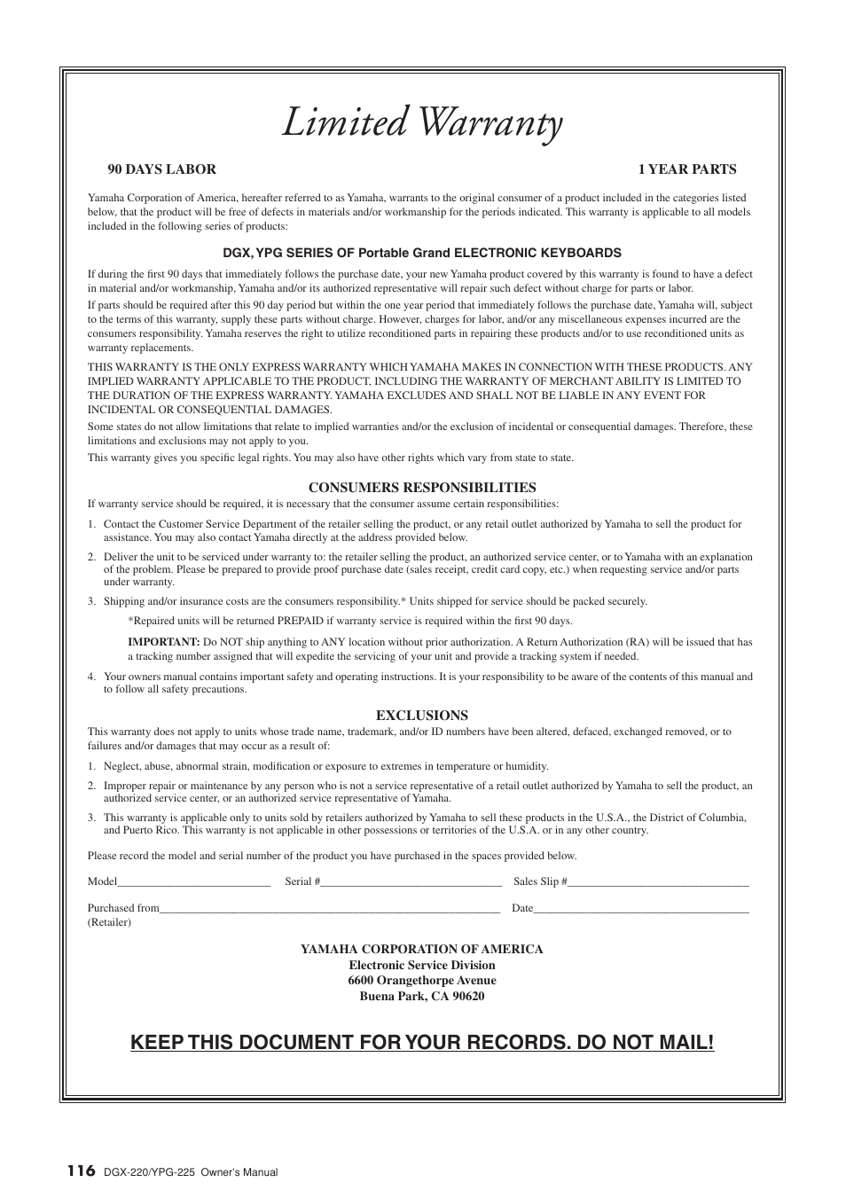 Limited warranty, Keep this document for your records. do not mail | Yamaha PORTABLEGRAND YPG-225 User Manual | Page 116 / 118