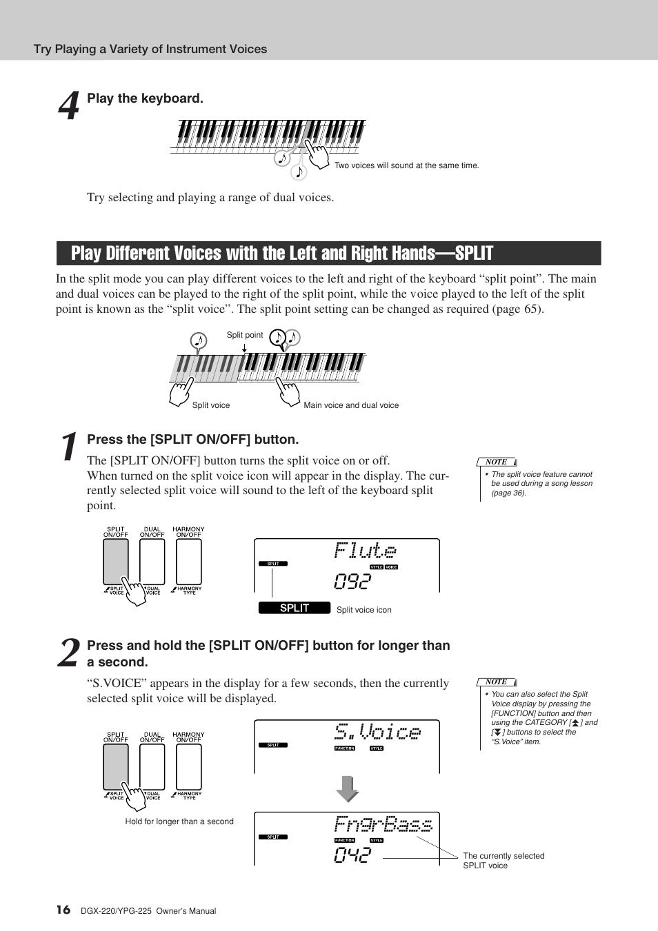 Split, Flute, Fngrbass s.voice | Yamaha PORTABLEGRAND YPG-225 User Manual | Page 16 / 118