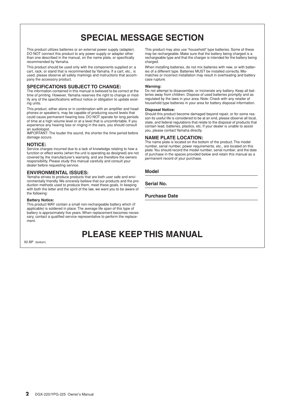 Please keep this manual | Yamaha PORTABLEGRAND YPG-225 User Manual | Page 2 / 118