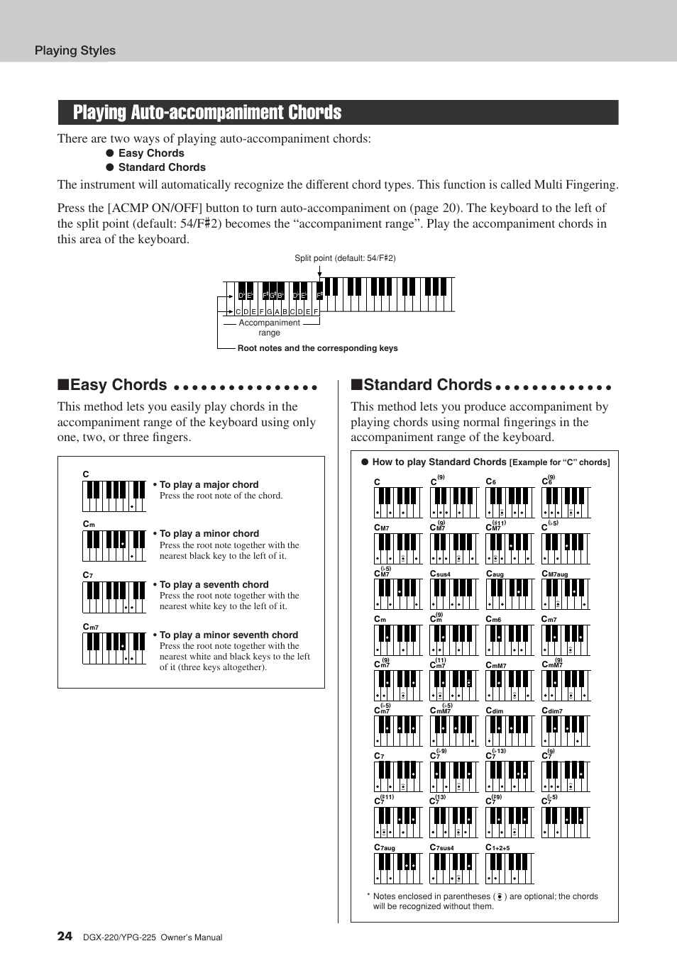 Playing auto-accompaniment chords, Easy chords, Standard chords | Playing styles, Easy chords ● standard chords, How to play standard chords | Yamaha PORTABLEGRAND YPG-225 User Manual | Page 24 / 118