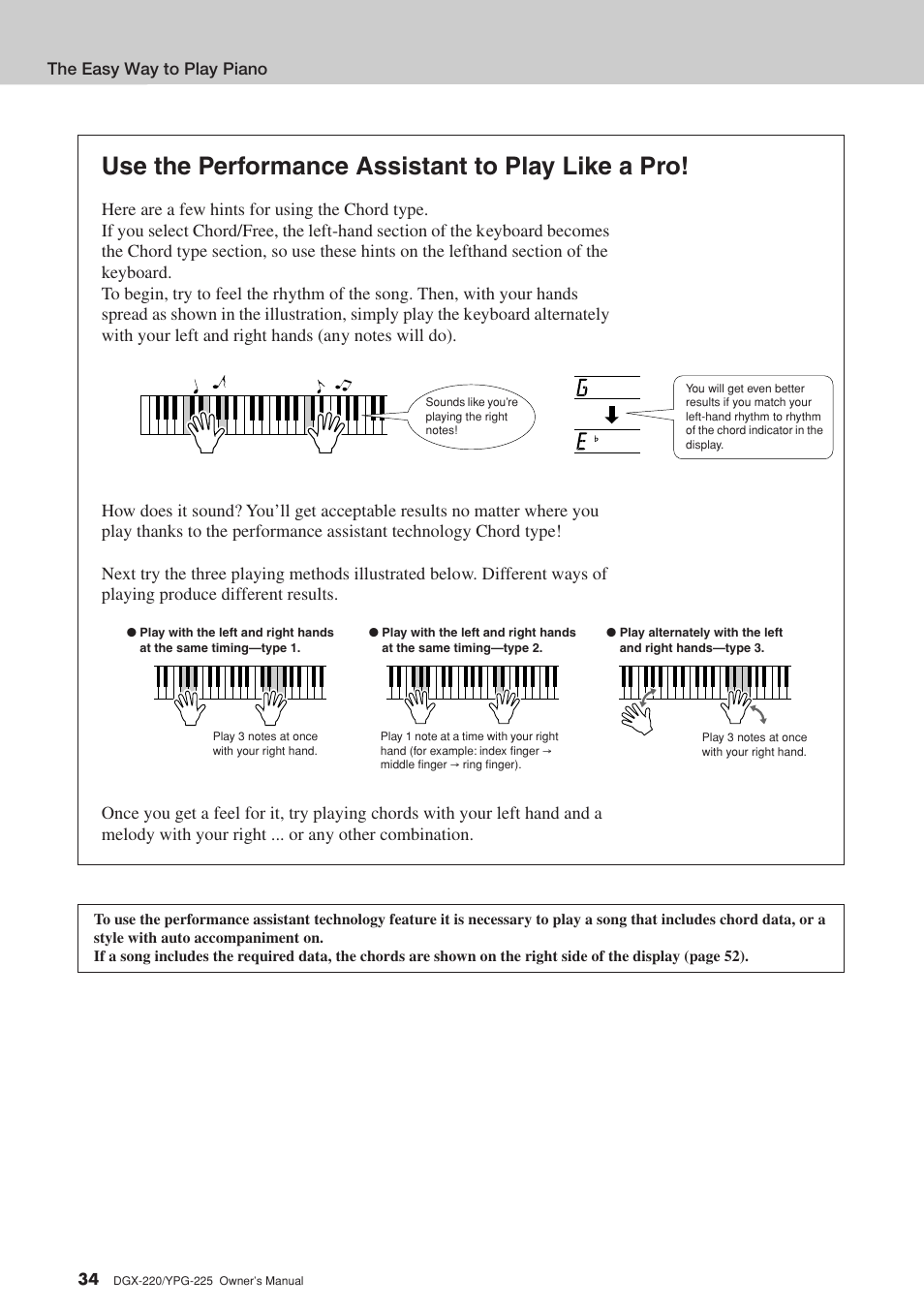 Use the performance assistant to play like a pro | Yamaha PORTABLEGRAND YPG-225 User Manual | Page 34 / 118