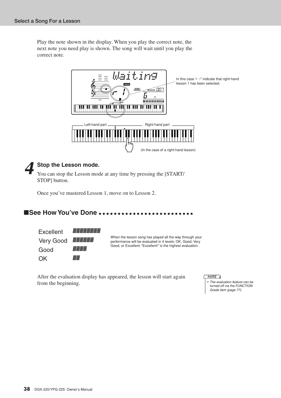 Waiting, See how you’ve done | Yamaha PORTABLEGRAND YPG-225 User Manual | Page 38 / 118
