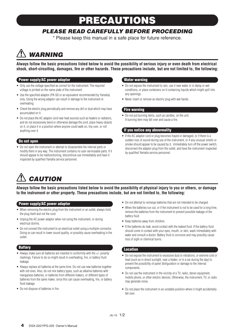 Precautions, Warning, Caution | Please read carefully before proceeding | Yamaha PORTABLEGRAND YPG-225 User Manual | Page 4 / 118
