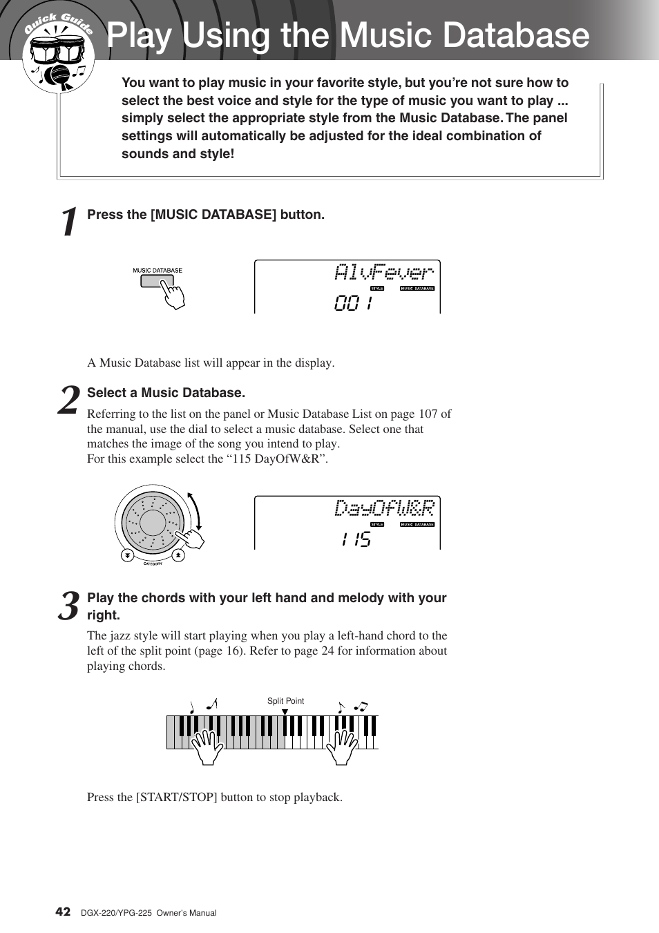 Play using the music database, Alvfever, Dayofw&r | Yamaha PORTABLEGRAND YPG-225 User Manual | Page 42 / 118