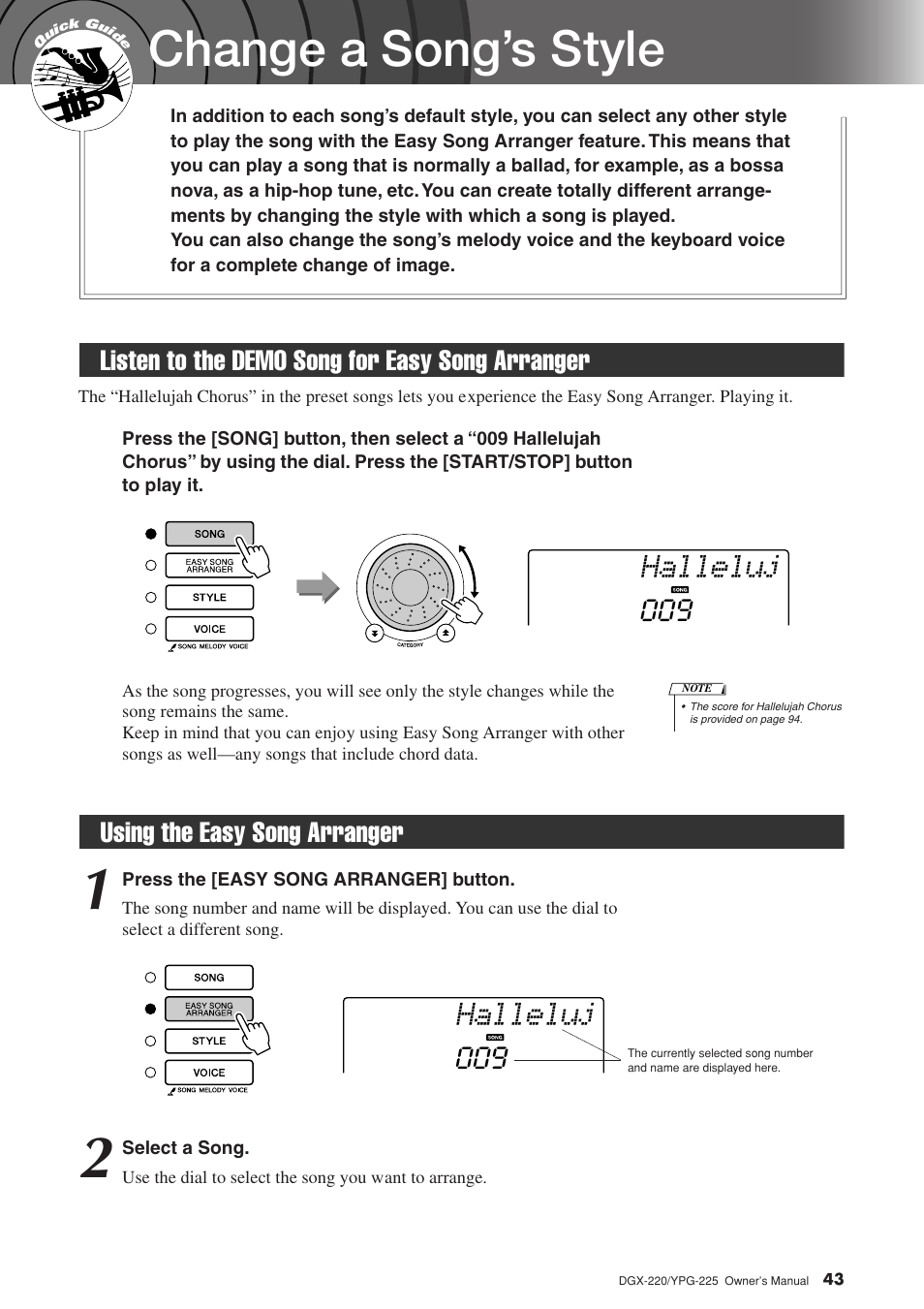 Change a song's style, Listen to the demo song for easy song arranger, Using the easy song arranger | Change a song’s style, Halleluj, Listen to the demo song for easy song arranger 009, Using the easy song arranger 009 | Yamaha PORTABLEGRAND YPG-225 User Manual | Page 43 / 118