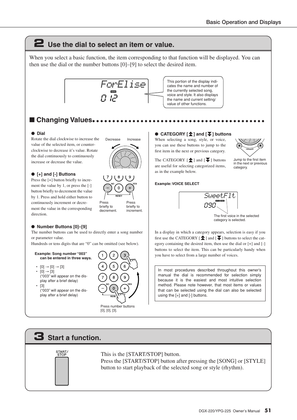 Forelise, Use the dial to select an item or value, Changing values | Start a function, Sweetflt | Yamaha PORTABLEGRAND YPG-225 User Manual | Page 51 / 118