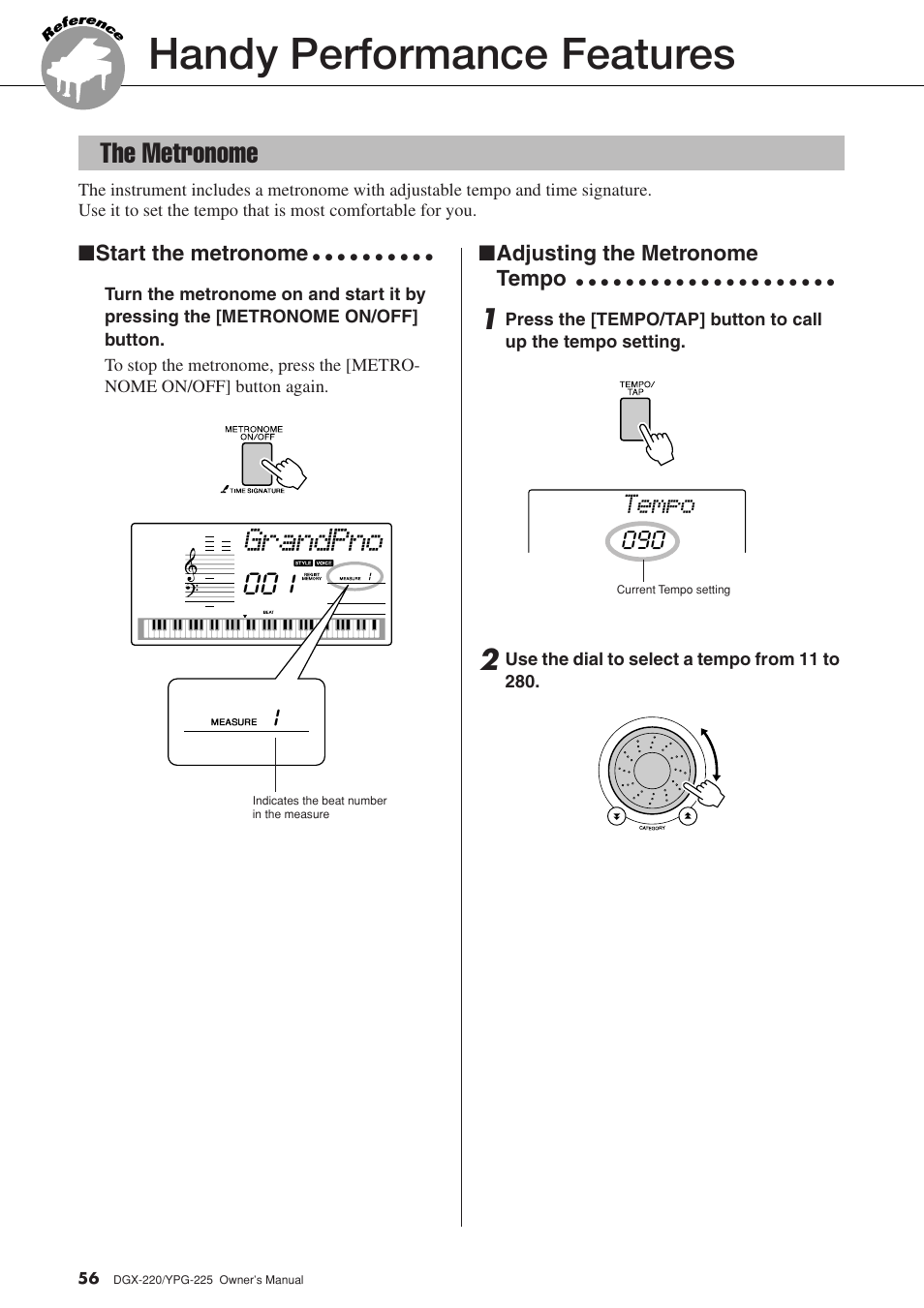 Handy performance features, The metronome, Grandpno | The metronome 001, Tempo | Yamaha PORTABLEGRAND YPG-225 User Manual | Page 56 / 118