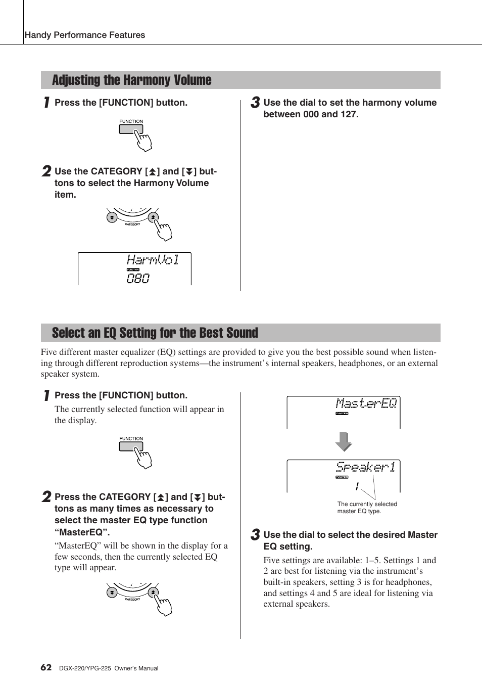 Adjusting the harmony volume, Select an eq setting for the best sound, Harmvol | Speaker1 mastereq | Yamaha PORTABLEGRAND YPG-225 User Manual | Page 62 / 118