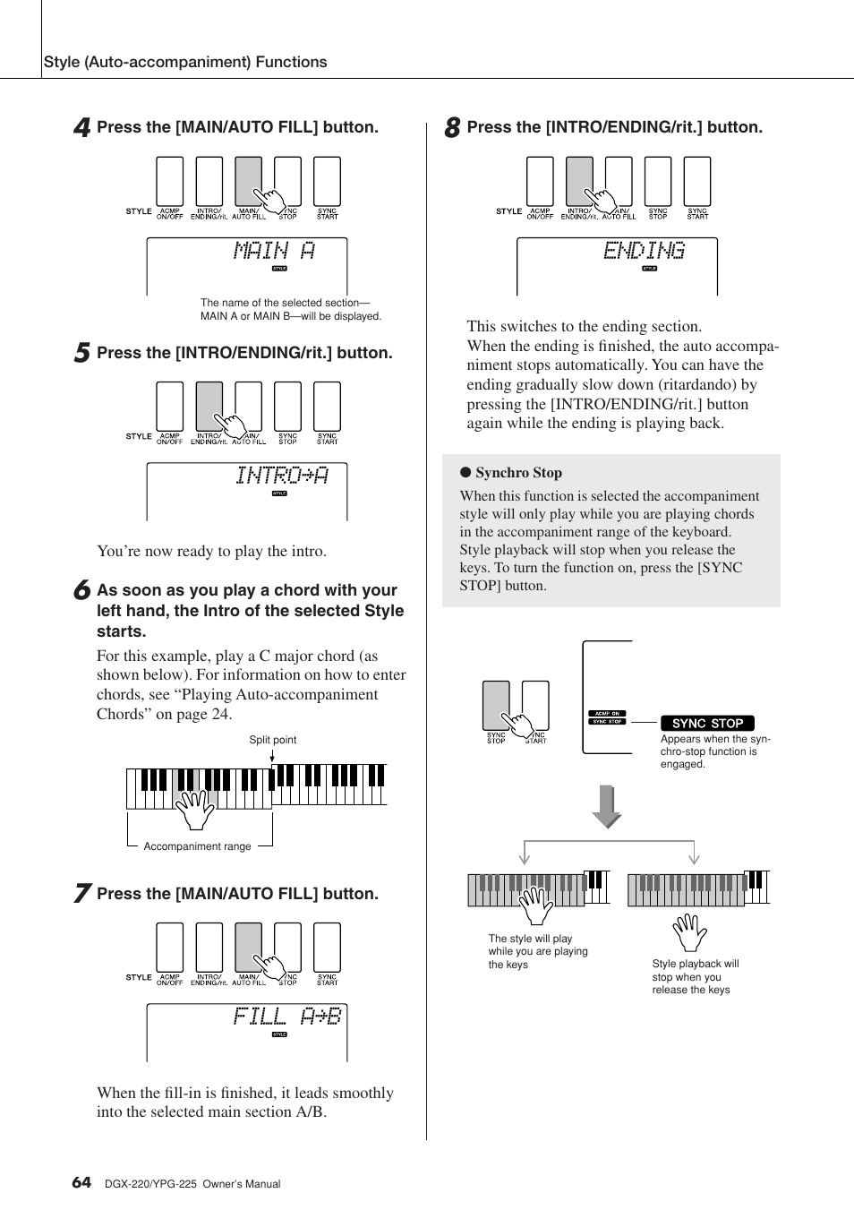 Main a, Intro≥a, Fill a≥b | Ending | Yamaha PORTABLEGRAND YPG-225 User Manual | Page 64 / 118