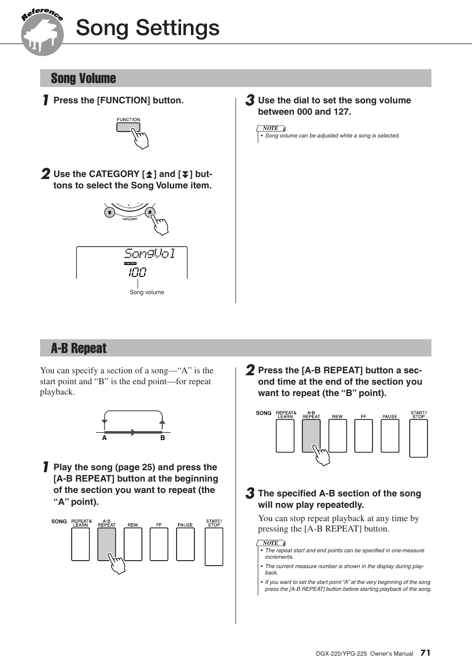Song settings, Song volume, A-b repeat | Song volume a-b repeat, Songvol | Yamaha PORTABLEGRAND YPG-225 User Manual | Page 71 / 118