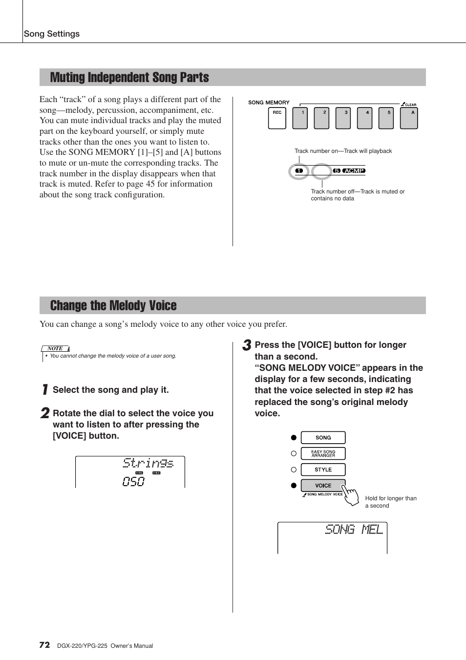 Muting independent song parts, Change the melody voice, Strings song mel | Yamaha PORTABLEGRAND YPG-225 User Manual | Page 72 / 118