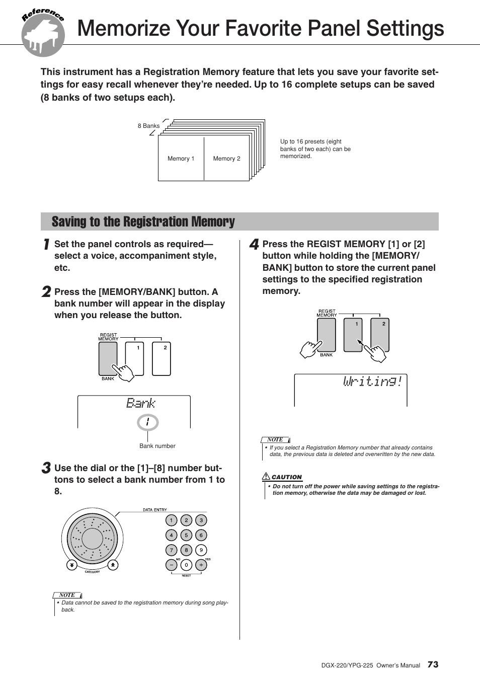 Memorize your favorite panel settings, Saving to the registration memory, Bank | Writing | Yamaha PORTABLEGRAND YPG-225 User Manual | Page 73 / 118