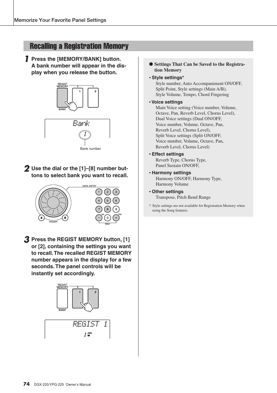 Recalling a registration memory, Bank regist 1 | Yamaha PORTABLEGRAND YPG-225 User Manual | Page 74 / 118