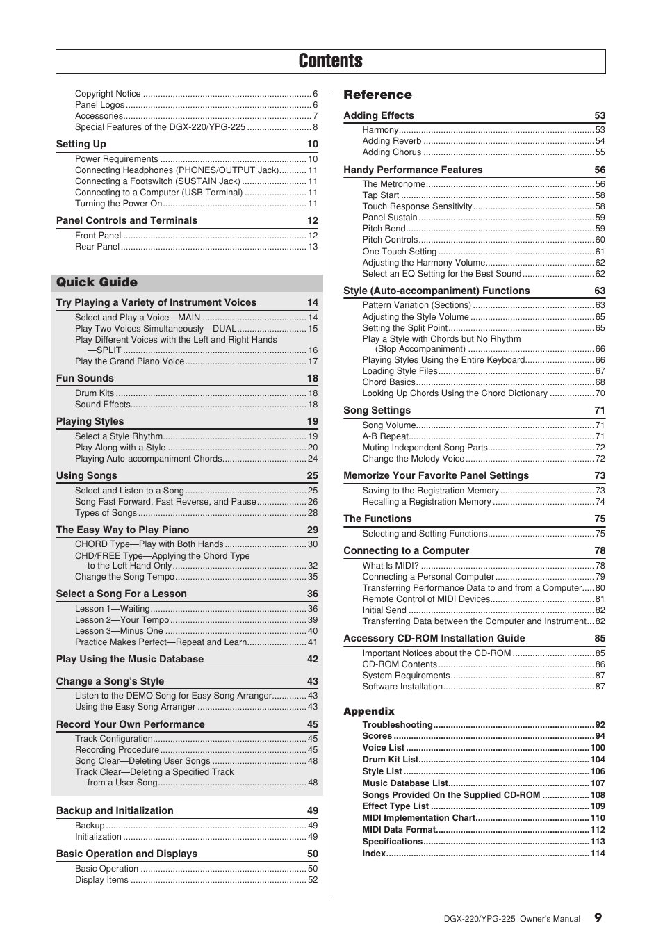Yamaha PORTABLEGRAND YPG-225 User Manual | Page 9 / 118