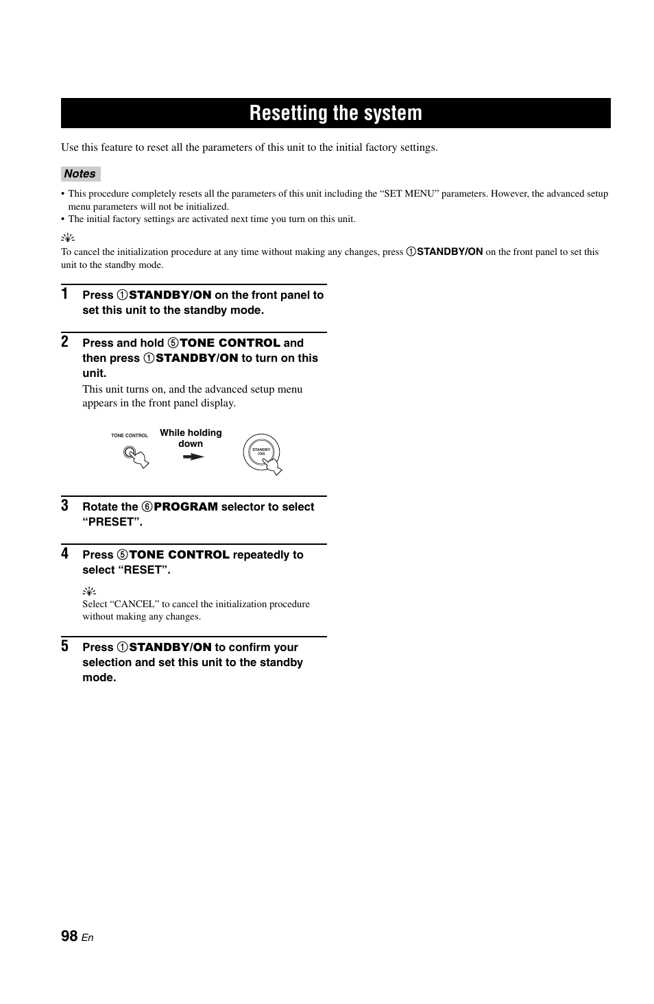 Resetting the system | Yamaha DSP-AX861SE User Manual | Page 100 / 117