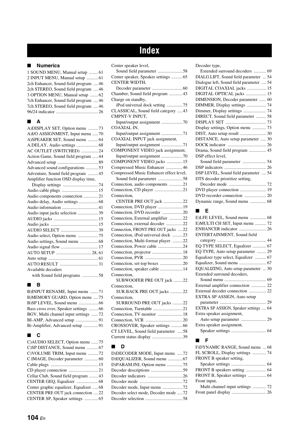 Index | Yamaha DSP-AX861SE User Manual | Page 106 / 117