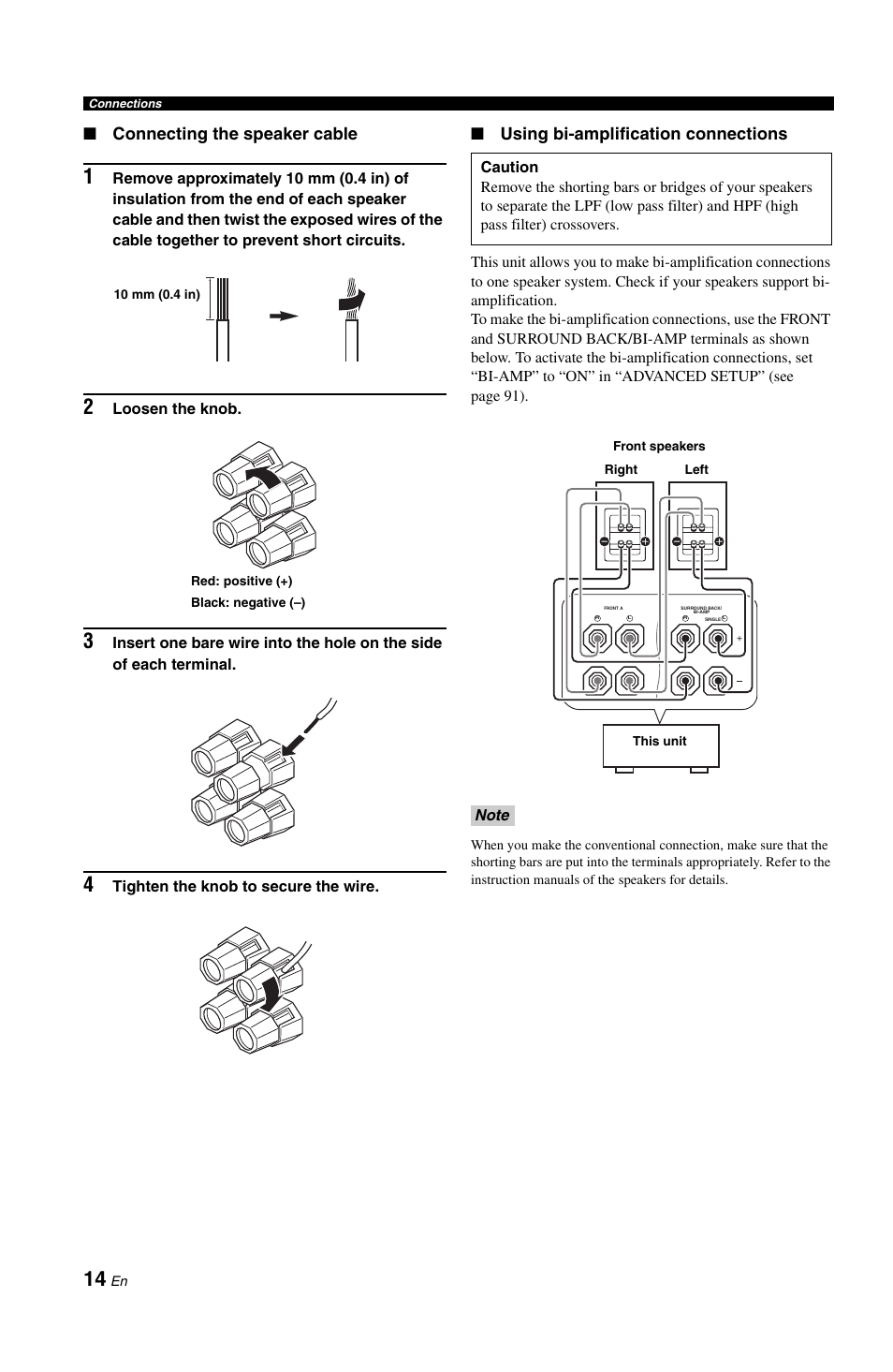 Connecting the speaker cable, Using bi-amplification connections | Yamaha DSP-AX861SE User Manual | Page 16 / 117