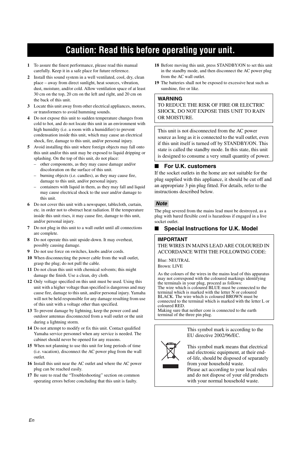 Caution: read this before operating your unit | Yamaha DSP-AX861SE User Manual | Page 2 / 117