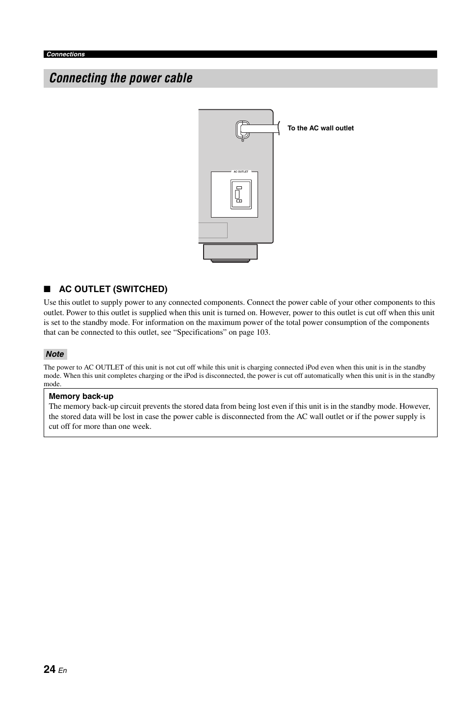 Connecting the power cable, P. 24, Ac outlet (switched) | Yamaha DSP-AX861SE User Manual | Page 26 / 117