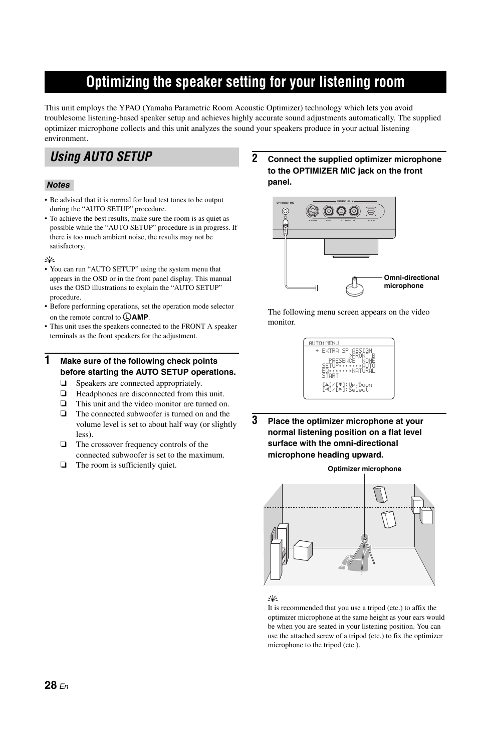 Using auto setup, Optimizing the speaker setting, For your listening room | P. 28 | Yamaha DSP-AX861SE User Manual | Page 30 / 117