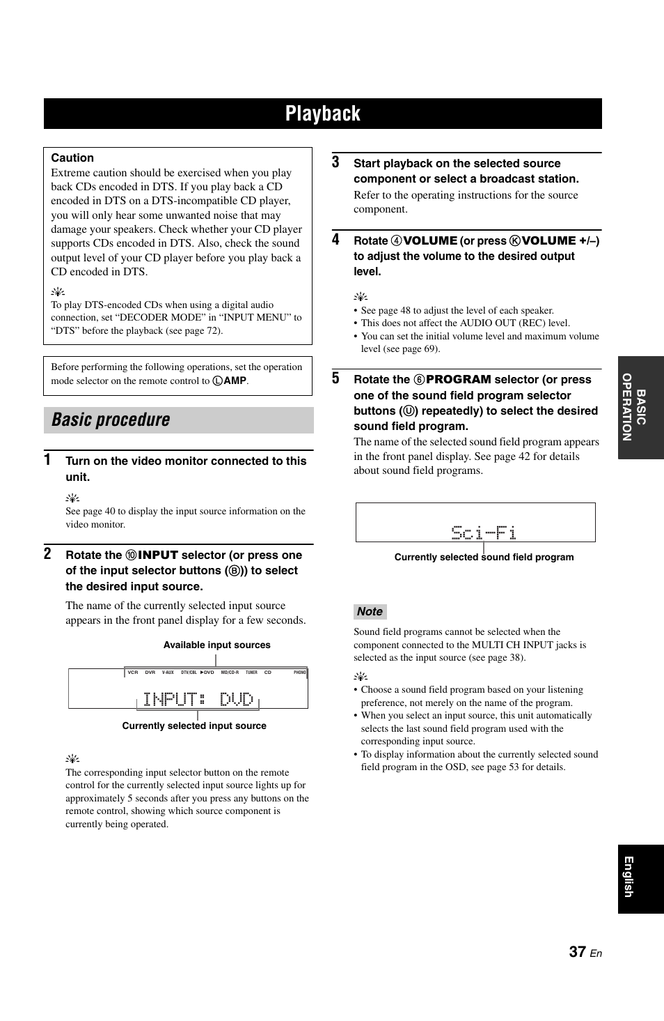 Playback, Basic procedure, P. 37 | Basic procedure input: dvd, Sci-fi | Yamaha DSP-AX861SE User Manual | Page 39 / 117