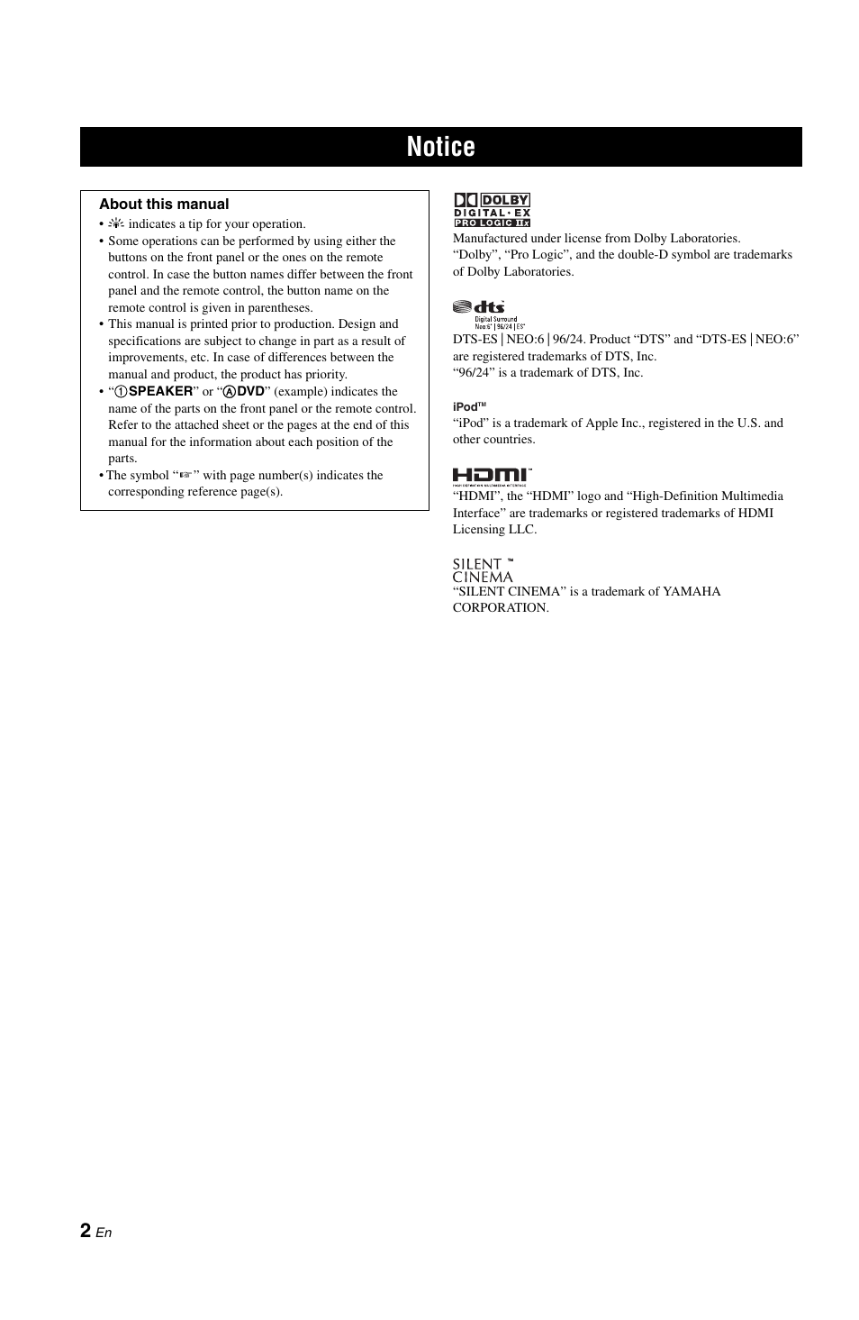 Notice | Yamaha DSP-AX861SE User Manual | Page 4 / 117