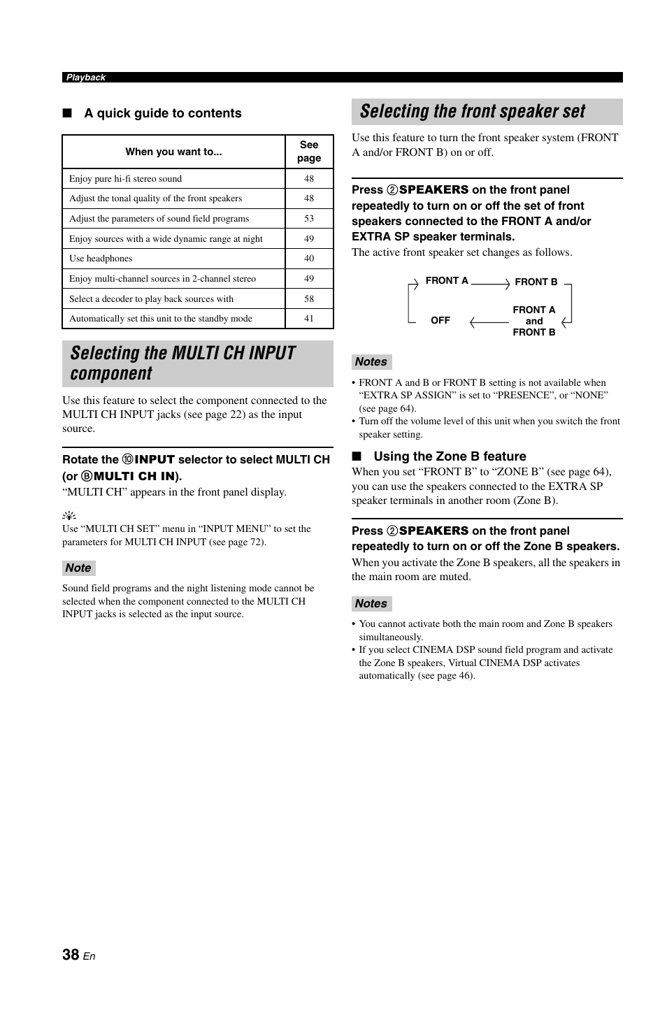 Selecting the multi ch input component, Selecting the front speaker set | Yamaha DSP-AX861SE User Manual | Page 40 / 117