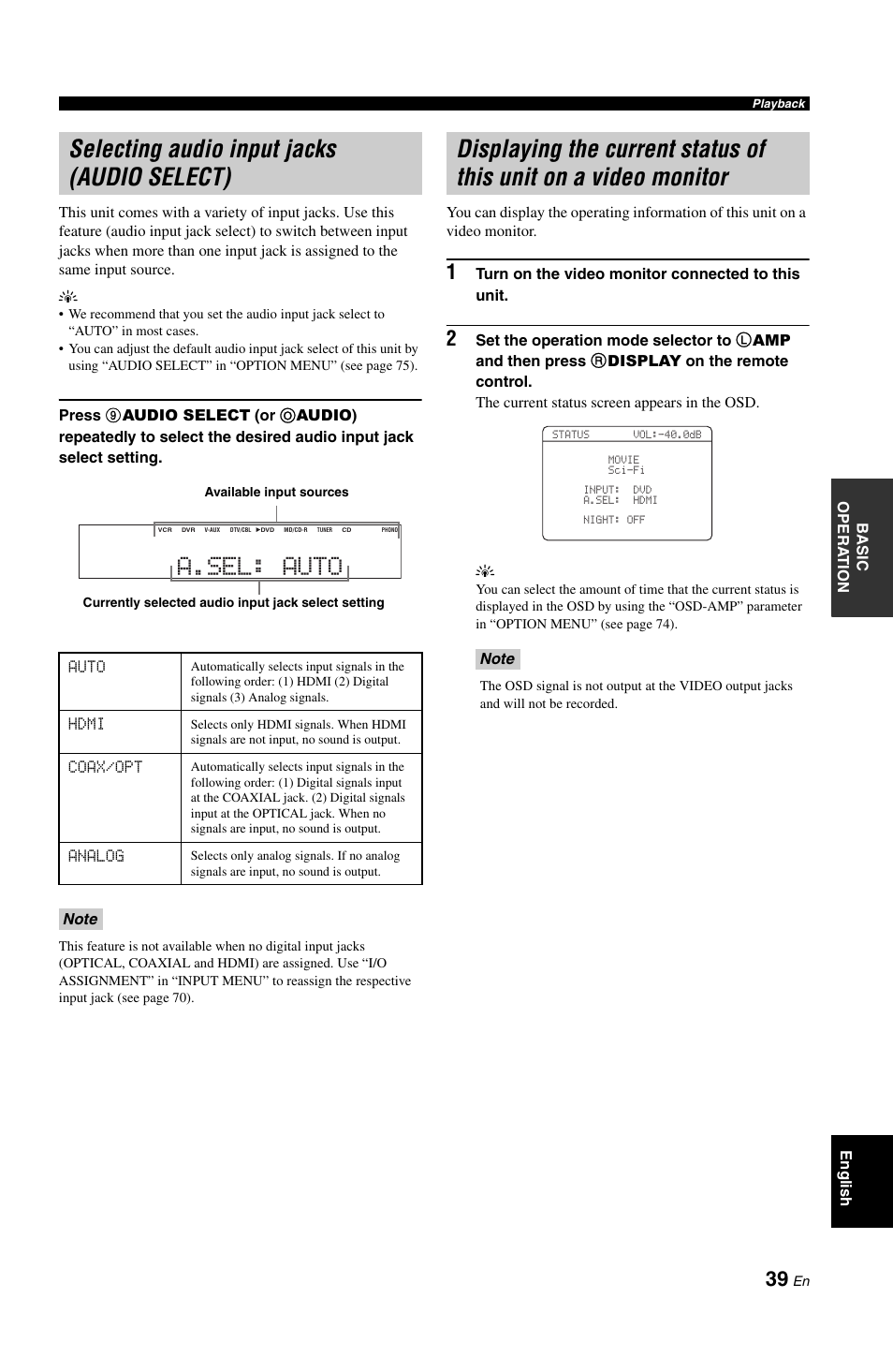 Selecting audio input jacks (audio select), Selecting audio input jacks, Audio select) | Displaying the current status, Of this unit on a video monitor, A.sel: auto | Yamaha DSP-AX861SE User Manual | Page 41 / 117