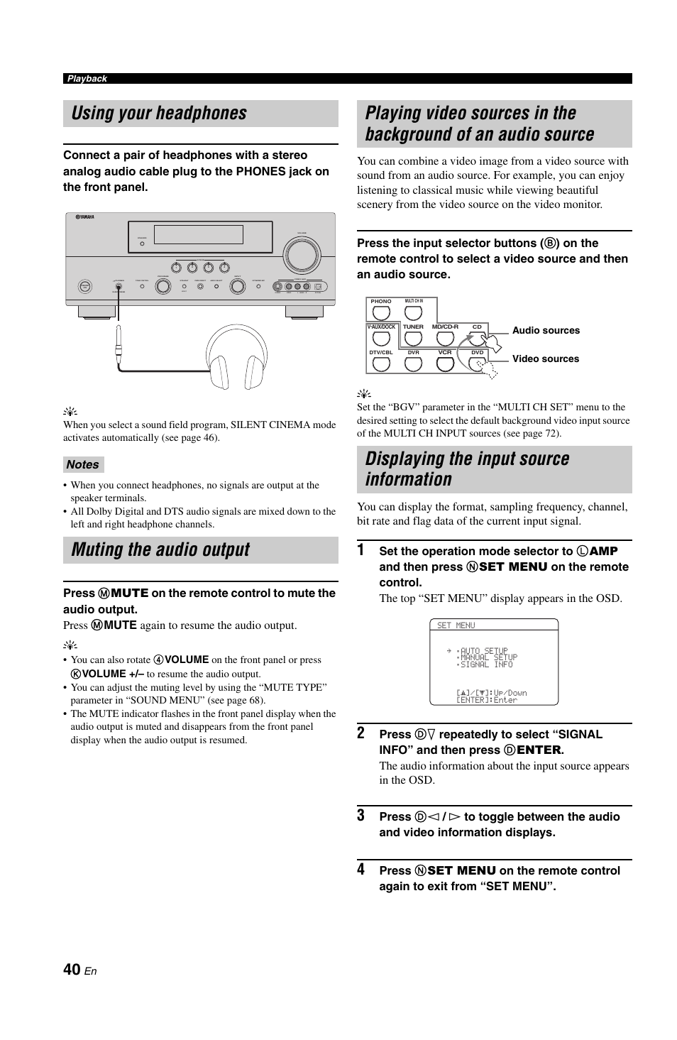 Using your headphones, Muting the audio output, Displaying the input source information | Of an audio source | Yamaha DSP-AX861SE User Manual | Page 42 / 117