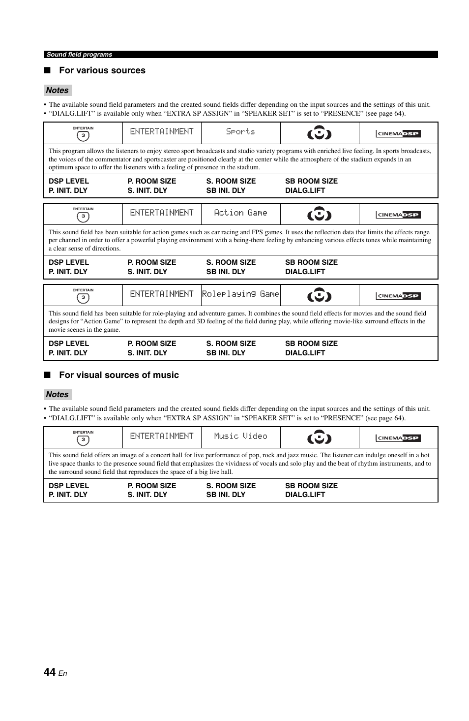 For various sources, For visual sources of music | Yamaha DSP-AX861SE User Manual | Page 46 / 117