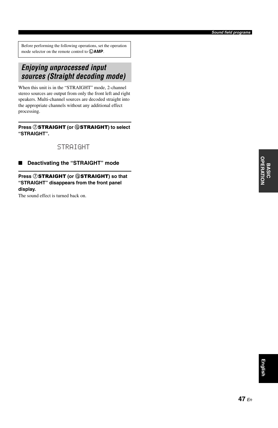 Enjoying unprocessed input sources, Straight decoding mode), Straight | Yamaha DSP-AX861SE User Manual | Page 49 / 117