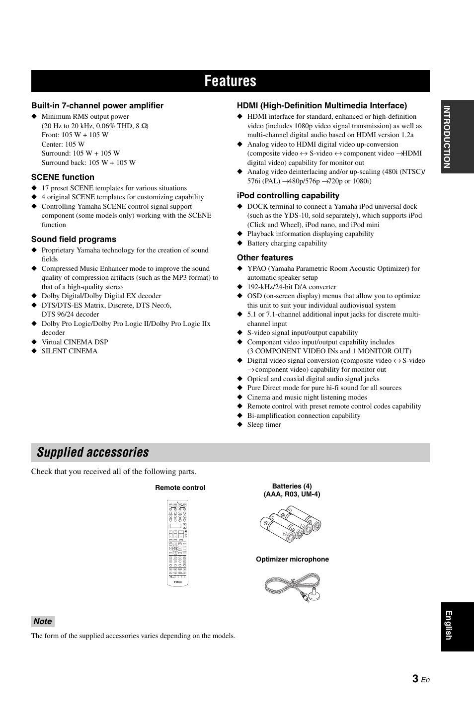 Features, Supplied accessories | Yamaha DSP-AX861SE User Manual | Page 5 / 117