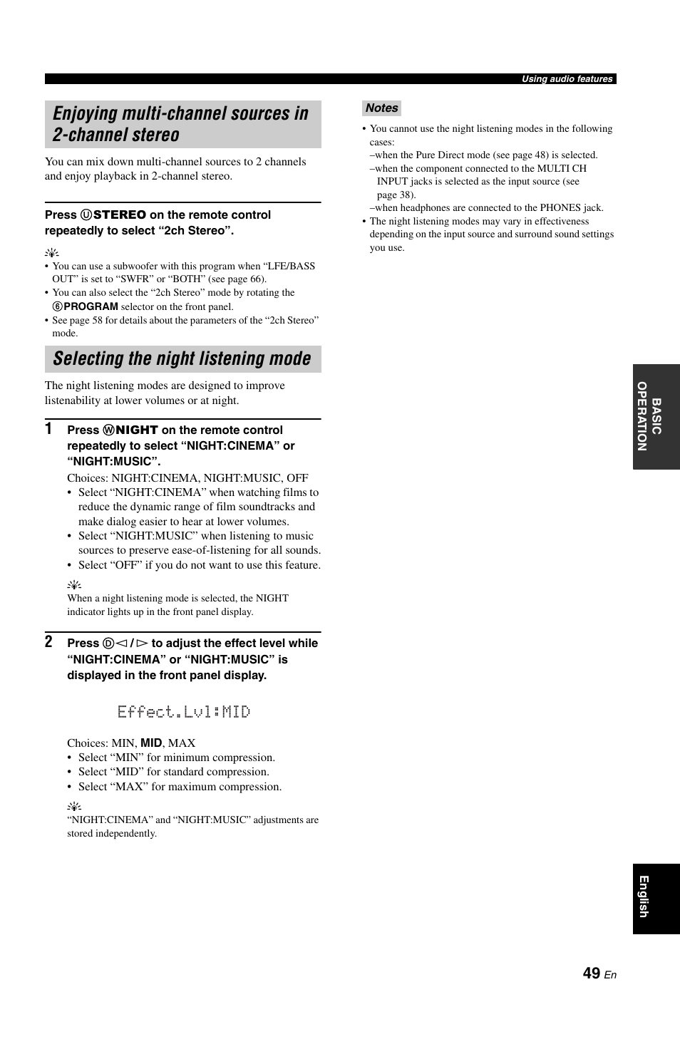 Enjoying multi-channel sources in 2-channel stereo, Selecting the night listening mode, Enjoying multi-channel sources | In 2-channel stereo, Effect.lvl:mid | Yamaha DSP-AX861SE User Manual | Page 51 / 117